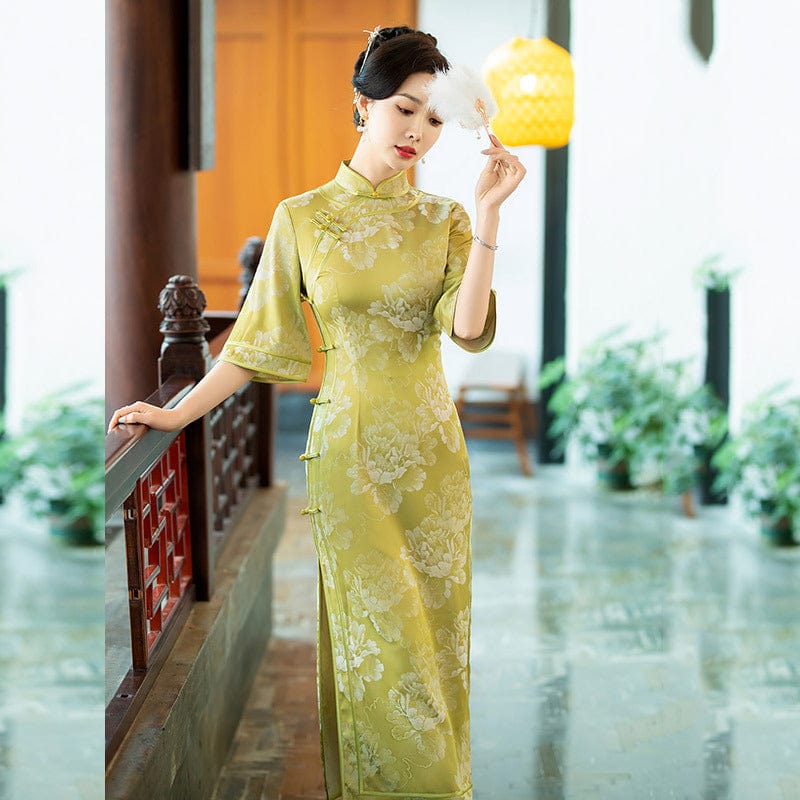 Beth and Brian Qipao-ZQYS Floral print, Jacquard silk long Cheongsam with elbow sleeves