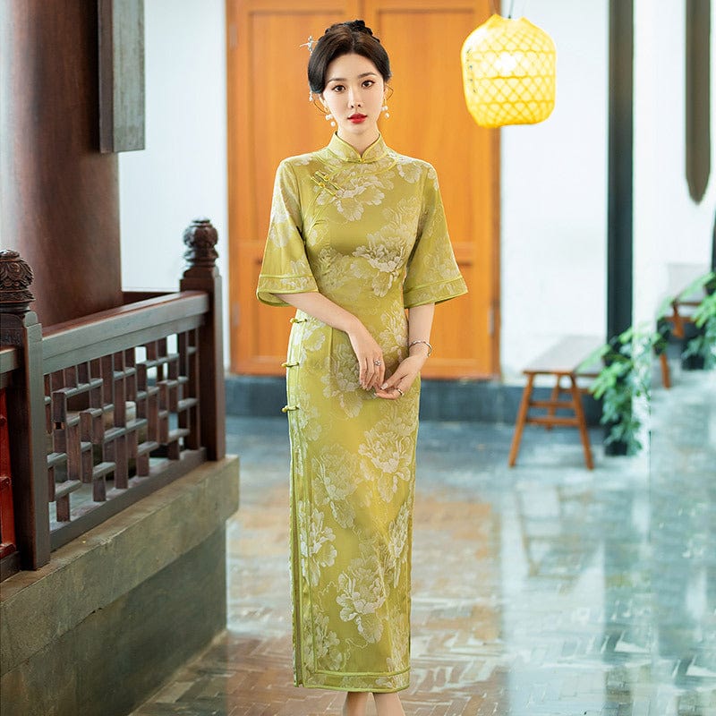 Beth and Brian Qipao-ZQYS Floral print, Jacquard silk long Cheongsam with elbow sleeves
