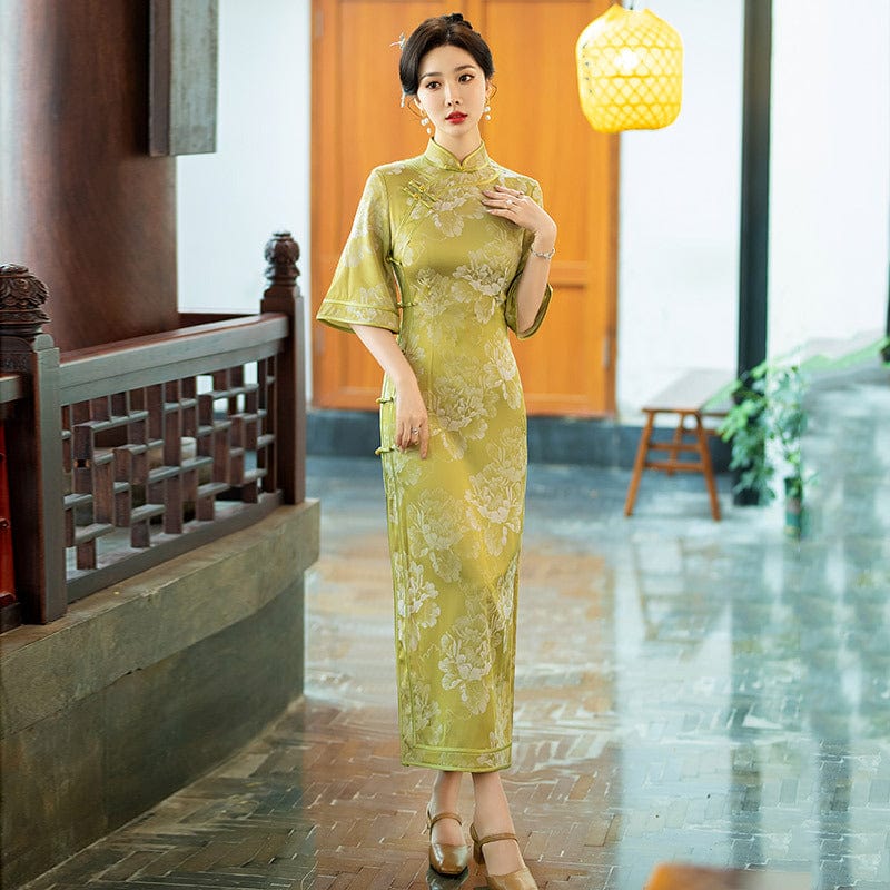 Beth and Brian Qipao-ZQYS Floral print, Jacquard silk long Cheongsam with elbow sleeves