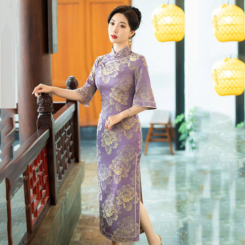 Beth and Brian Qipao-ZQYS Floral print, Jacquard silk long Cheongsam with elbow sleeves