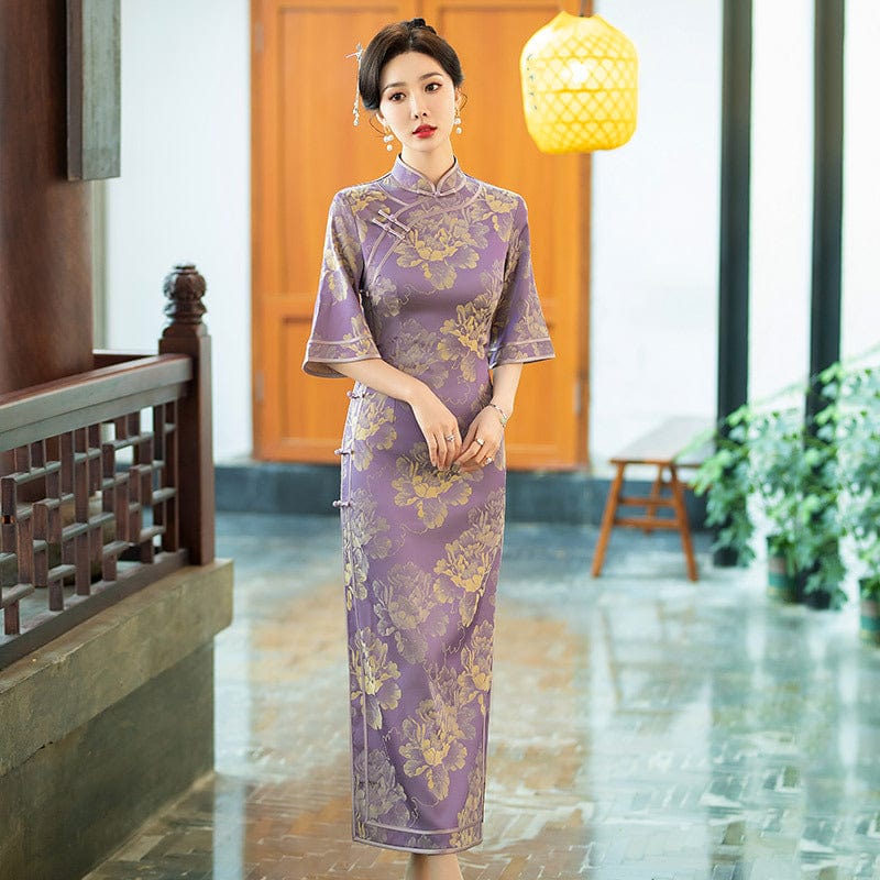 fitted lace wedding dress Bamboo Leaves Pattern 3/4 Sleeve Tea Length Velvet Cheongsam Chinese Dress Purple / XXL main image 0
