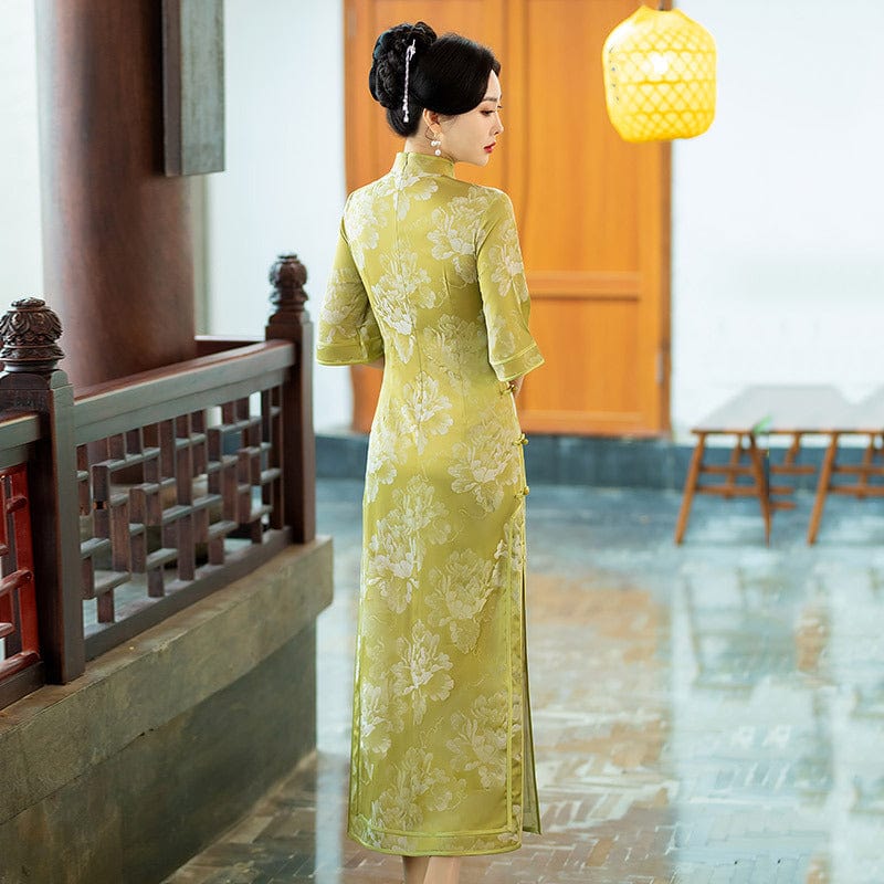 Beth and Brian Qipao-ZQYS Floral print, Jacquard silk long Cheongsam with elbow sleeves