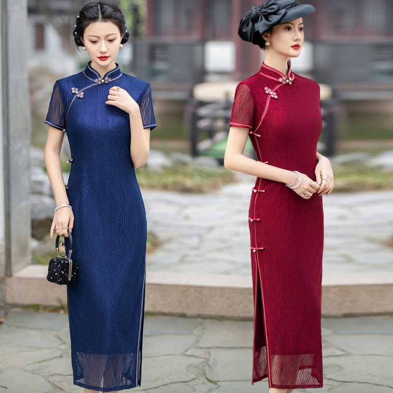 Beth and Brian Qipao-XWC Lace fabric, red&blue long plus size Cheongsam