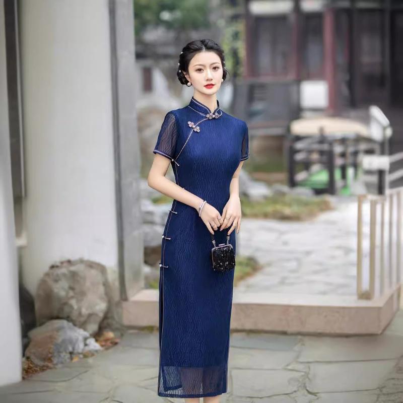 Beth and Brian Qipao-XWC Lace fabric, red&blue long plus size Cheongsam