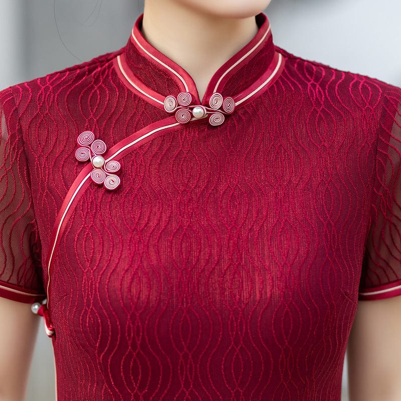 Beth and Brian Qipao-XWC Lace fabric, red&blue long plus size Cheongsam