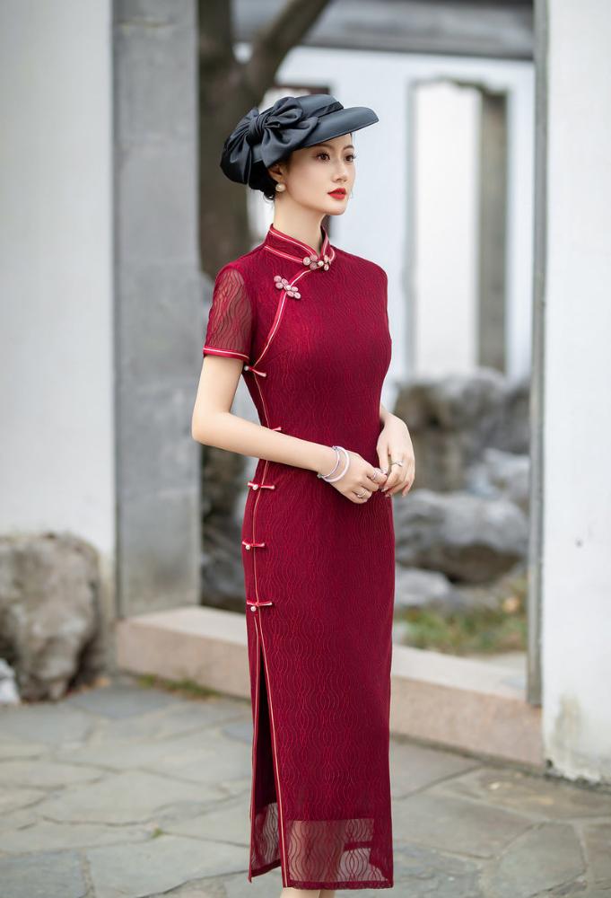 Beth and Brian Qipao-XWC Lace fabric, red&blue long plus size Cheongsam