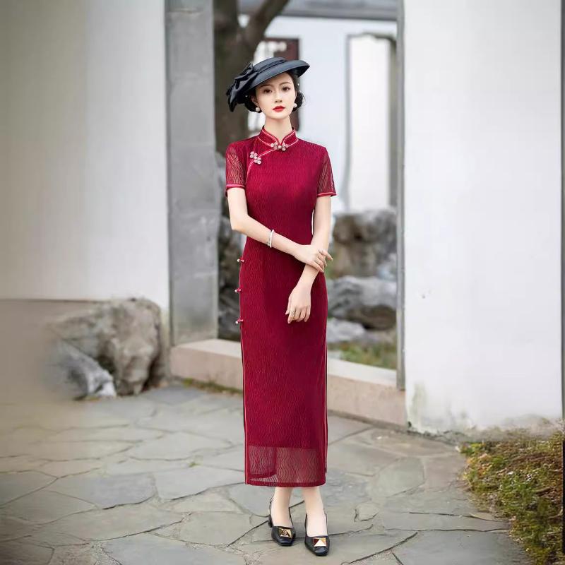 Beth and Brian Qipao-XWC Lace fabric, red&blue long plus size Cheongsam