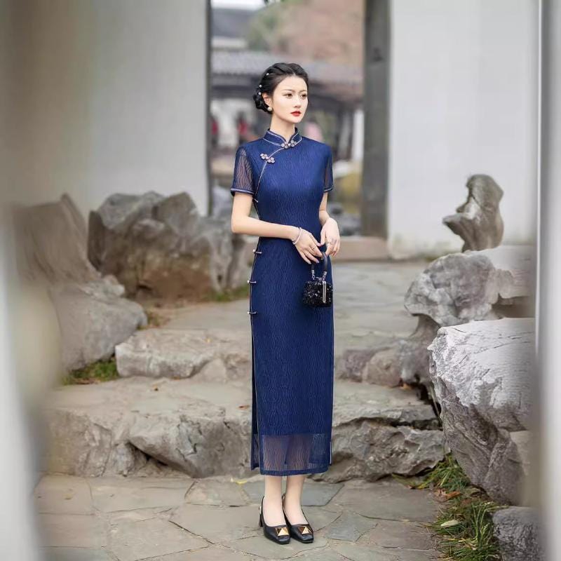 Beth and Brian Qipao-XWC Lace fabric, red&blue long plus size Cheongsam