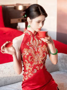 Beth and Brian Qipao - YB New Chinese style (新中式), floral embroidery, long red Cheongsam