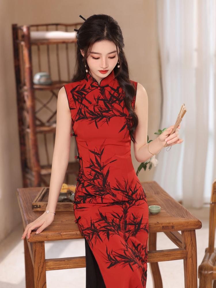Beth and Brian Qipao-MYJ Bamboo leaf pattern, red midi Cheongsam