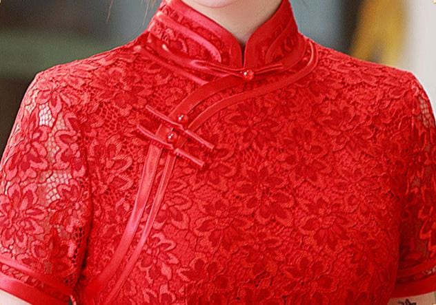 Beth and Brian Qipao-LHST Lace fabric, floral pattern, red long Cheongsam