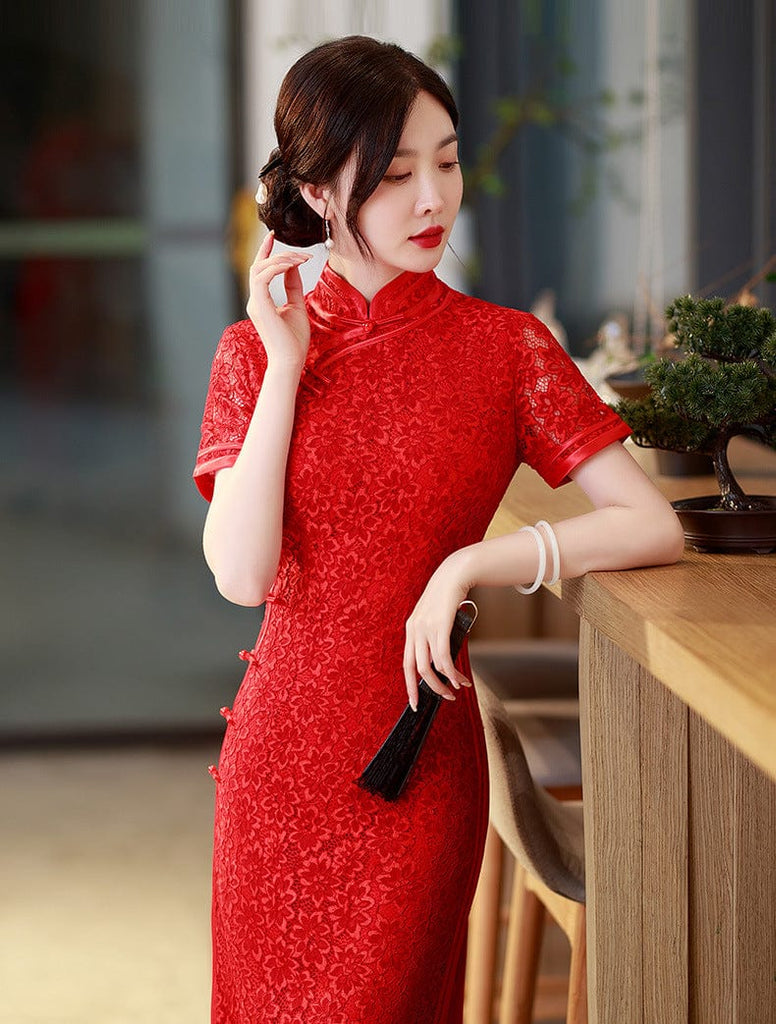 Beth and Brian Qipao-LHST Lace fabric, floral pattern, red long Cheongsam