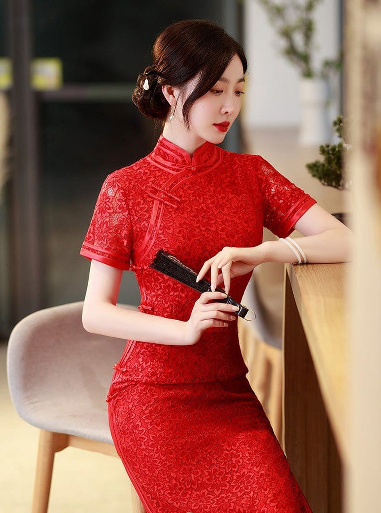 Beth and Brian Qipao-LHST Lace fabric, floral pattern, red long Cheongsam