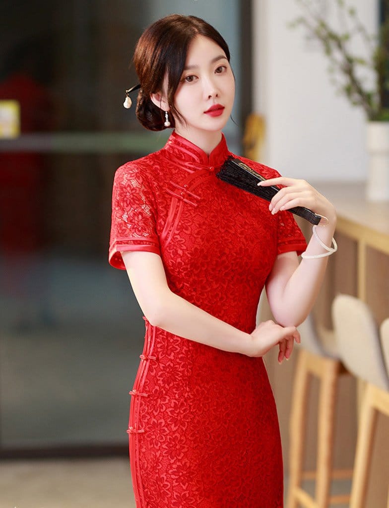 Beth and Brian Qipao-LHST Lace fabric, floral pattern, red long Cheongsam