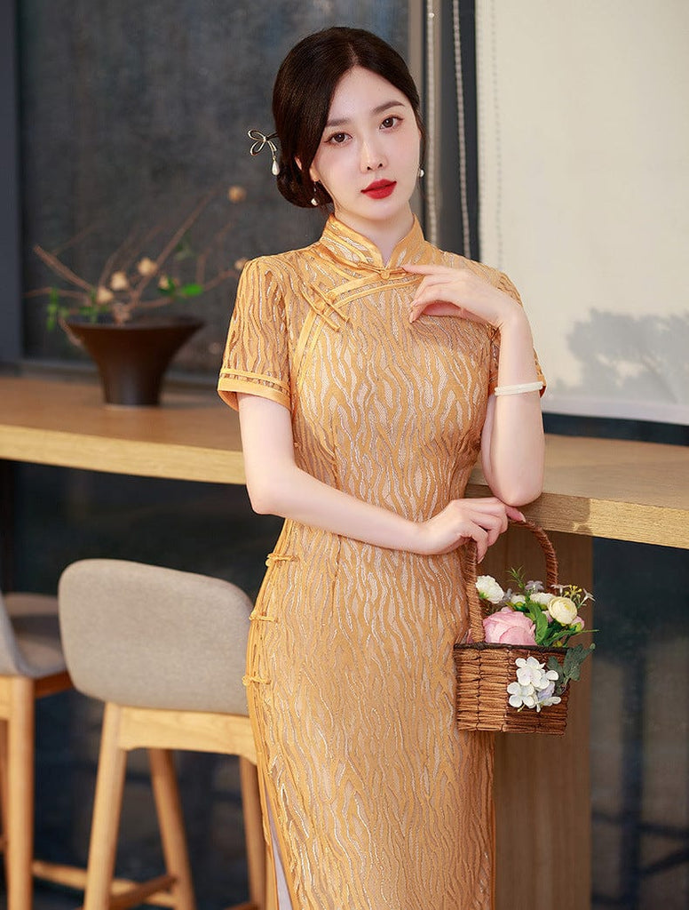 Beth and Brian Qipao-LHST Lace fabric, orange long Cheongsam