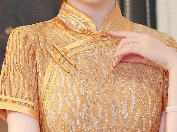 Beth and Brian Qipao-LHST Lace fabric, orange long Cheongsam