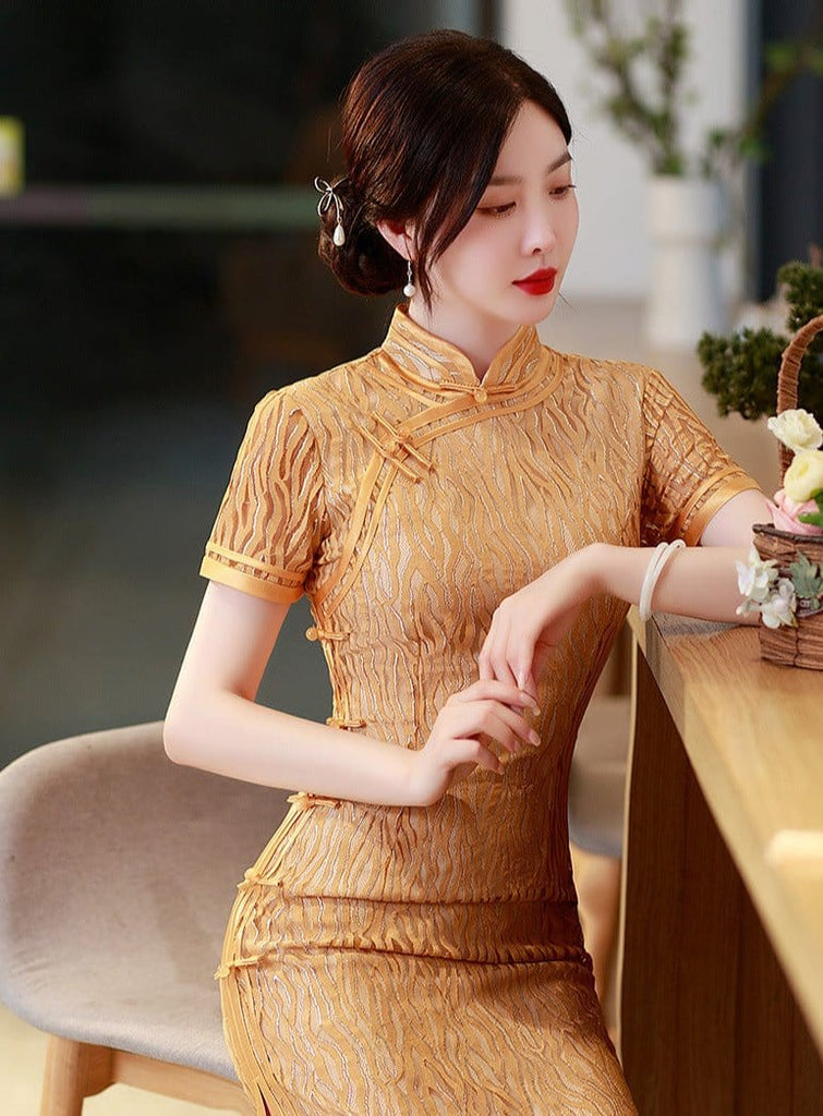 Beth and Brian Qipao-LHST Lace fabric, orange long Cheongsam