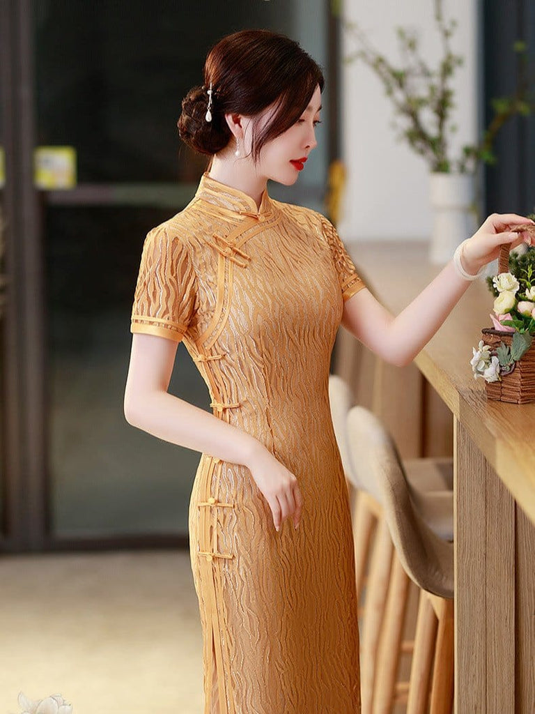 Beth and Brian Qipao-LHST Lace fabric, orange long Cheongsam