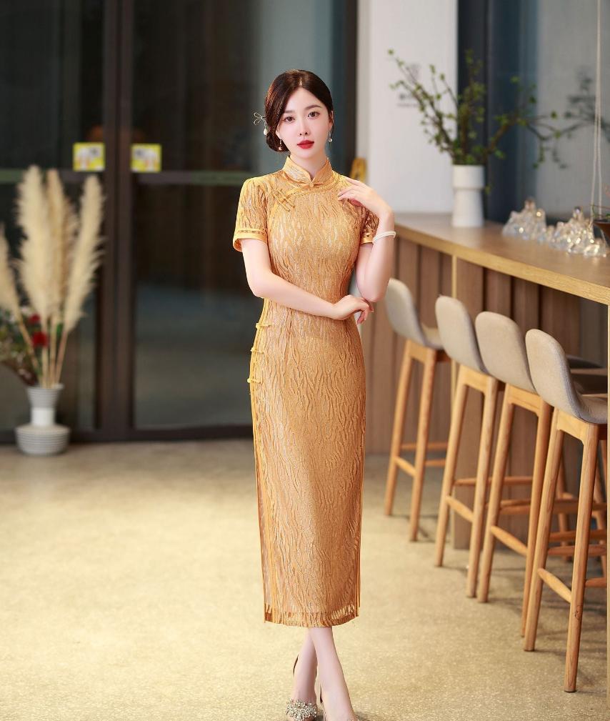 Beth and Brian Qipao-LHST Lace fabric, orange long Cheongsam