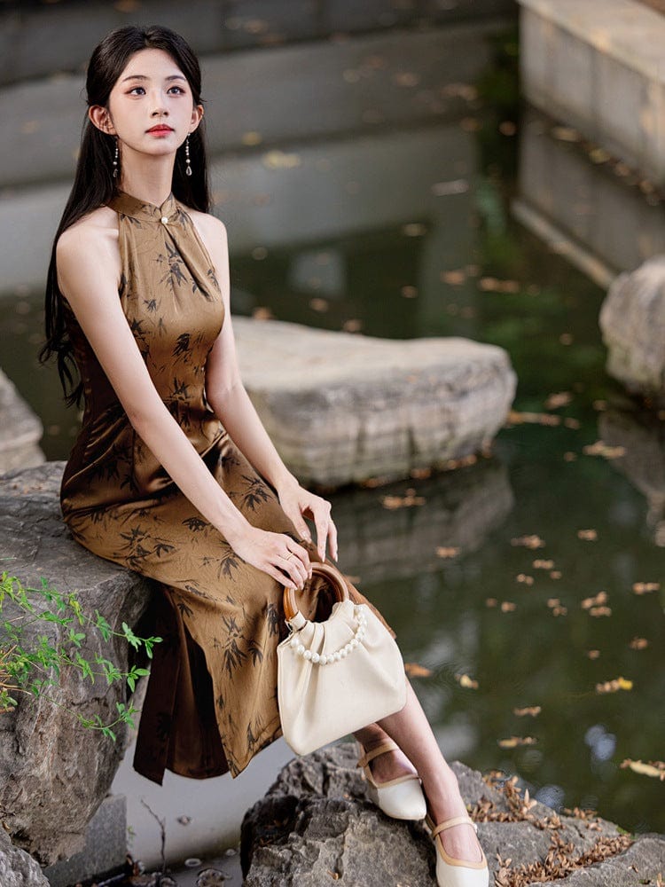 Beth and Brian Qipao-YG New Chinese style(新中式), bamboo leaf pattern, midi Cheongsam