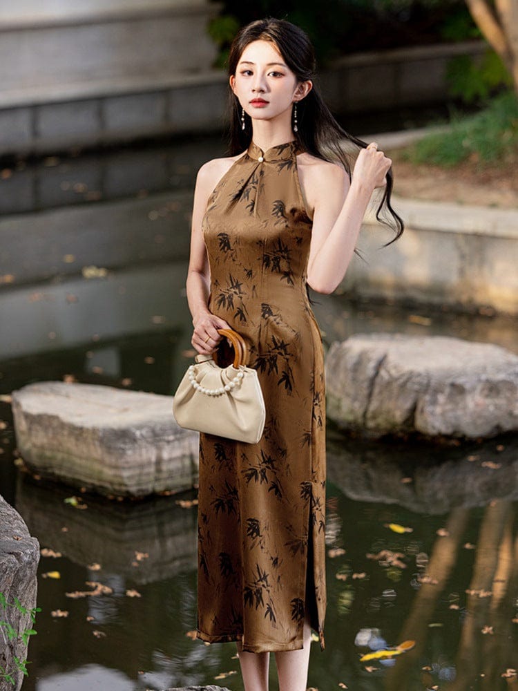 Beth and Brian Qipao-YG New Chinese style(新中式), bamboo leaf pattern, midi Cheongsam