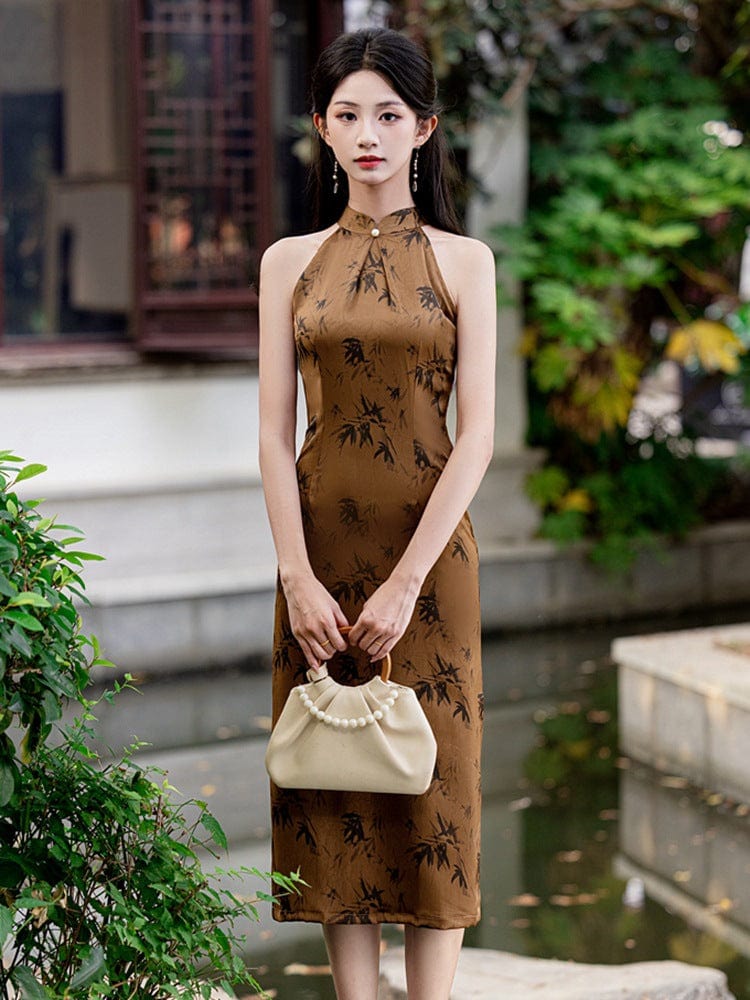 Beth and Brian Qipao-YG New Chinese style(新中式), bamboo leaf pattern, midi Cheongsam
