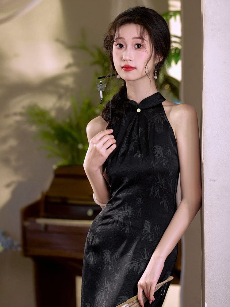 Beth and Brian Qipao-YG New Chinese style(新中式), bamboo leaf pattern, midi Cheongsam