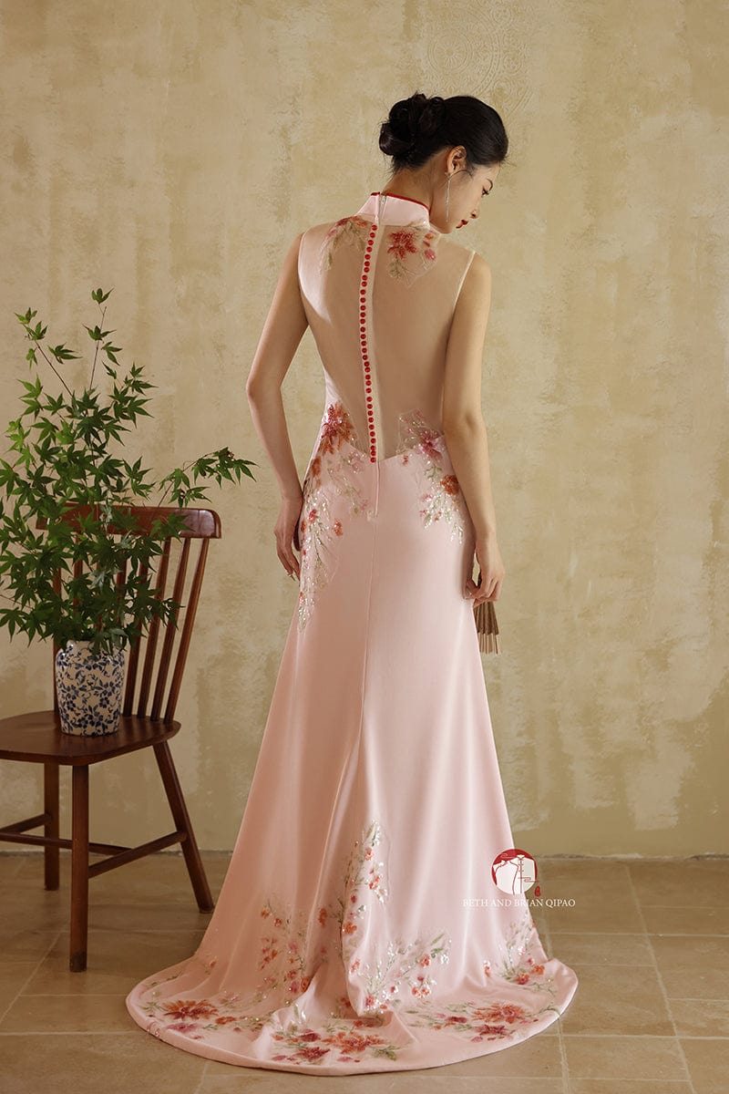 Beth and Brian Qipao - YB Exclusive designer collection, floral embroidery, halter fishtail Cheongsam