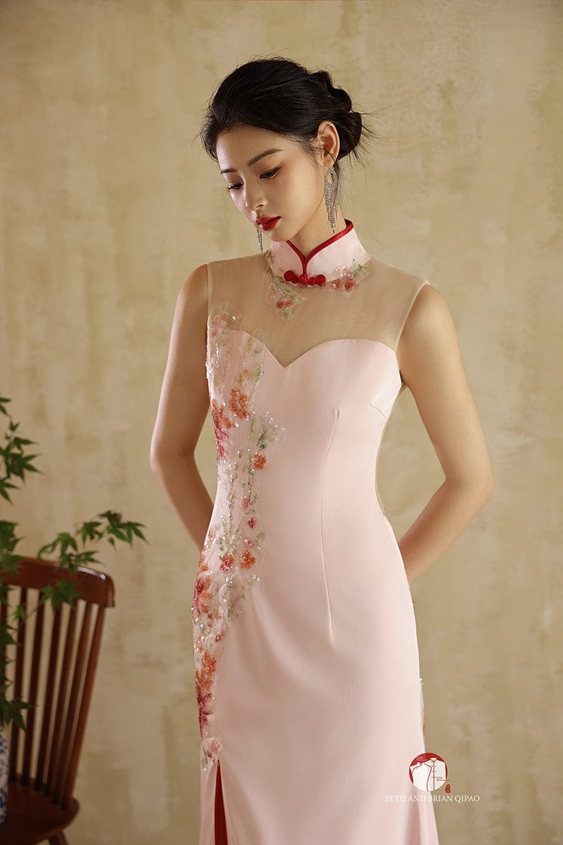 Beth and Brian Qipao - YB Exclusive designer collection, floral embroidery, halter fishtail Cheongsam