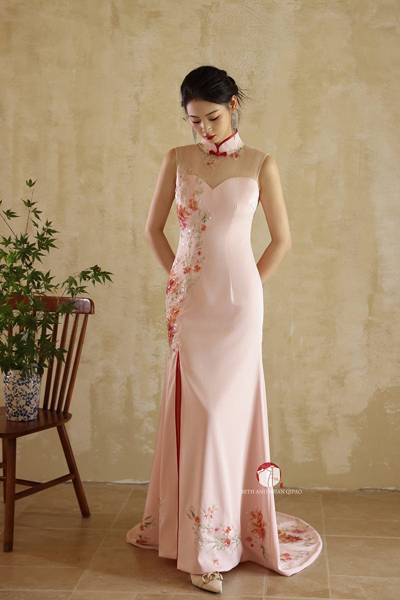 Beth and Brian Qipao - YB Exclusive designer collection, floral embroidery, halter fishtail Cheongsam