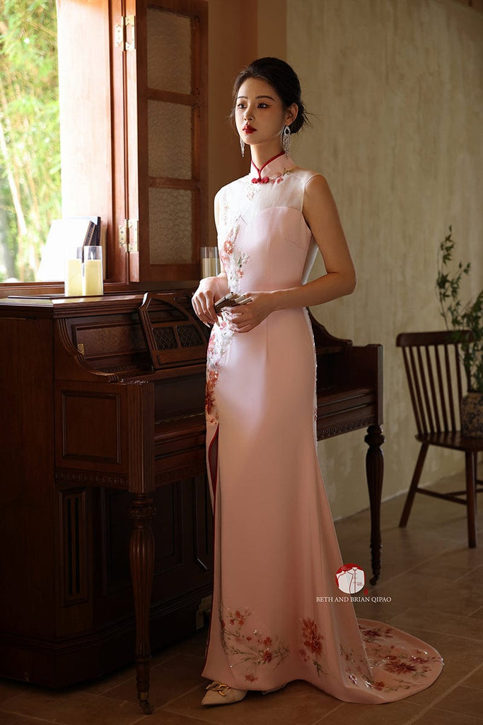 Beth and Brian Qipao - YB Exclusive designer collection, floral embroidery, halter fishtail Cheongsam