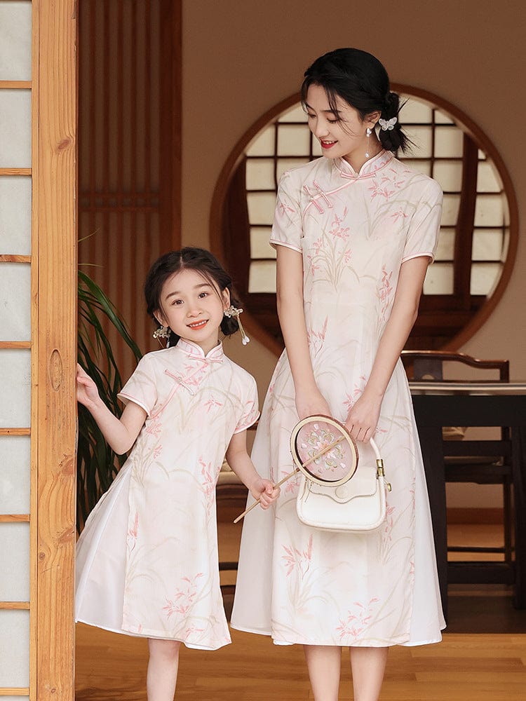 Beth and Brian Qipao-WQ Parent-child outfit, floral pattern midi Cheongsam
