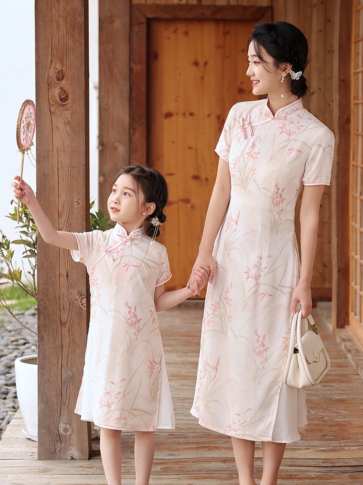 Beth and Brian Qipao-WQ Parent-child outfit, floral pattern midi Cheongsam