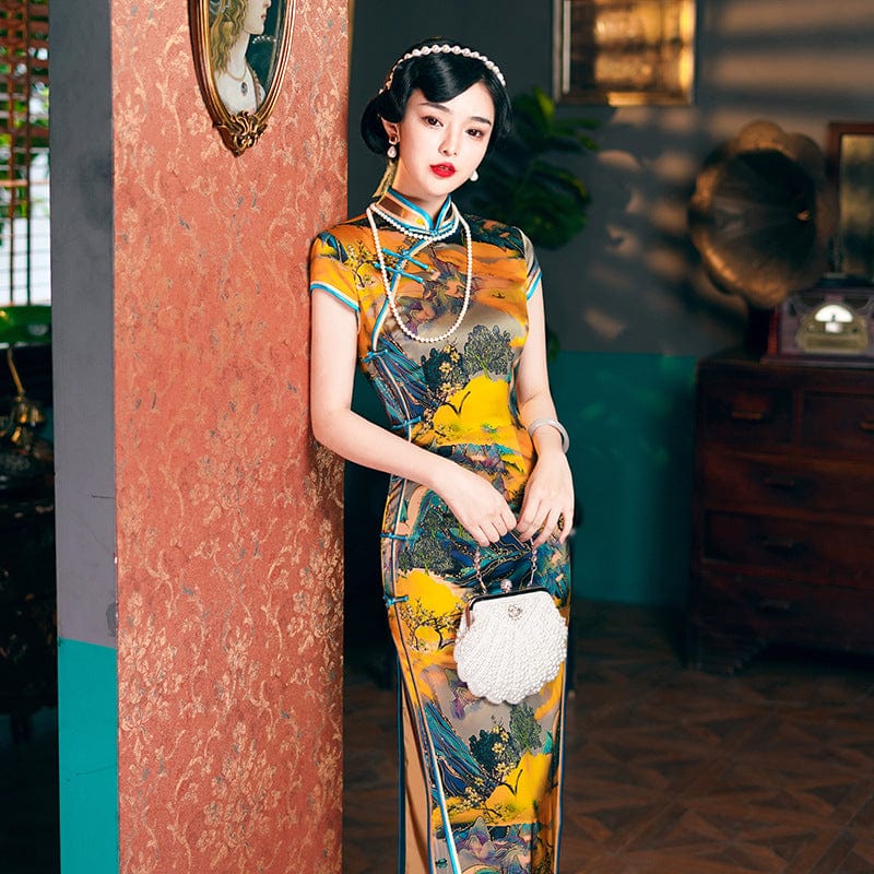 Beth and Brian Qipao-WXG Chinese landscape pattern, high-end, mulberry silk long Cheongsam