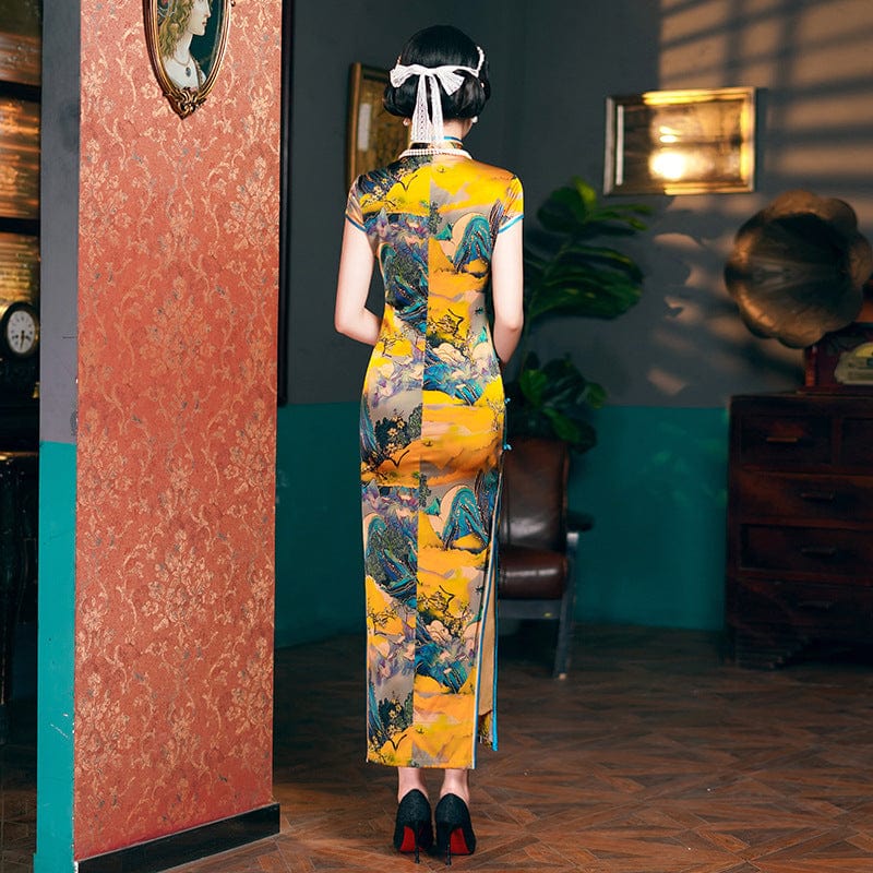 Beth and Brian Qipao-WXG Chinese landscape pattern, high-end, mulberry silk long Cheongsam