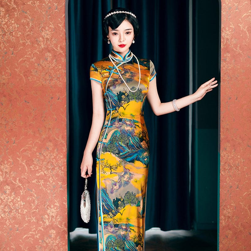 Beth and Brian Qipao-WXG Chinese landscape pattern, high-end, mulberry silk long Cheongsam