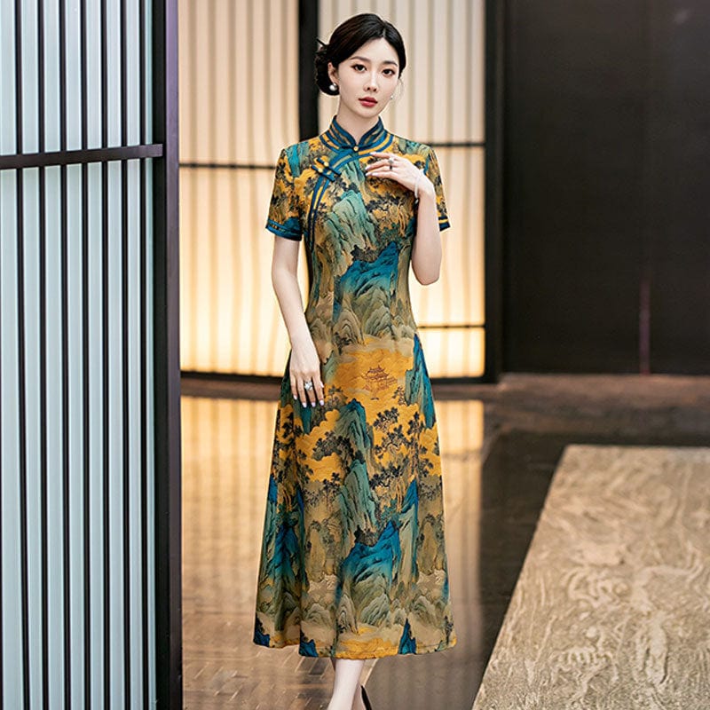 Beth and Brian Qipao-SYG Chinese landscape pattern, yellow midi Cheongsam