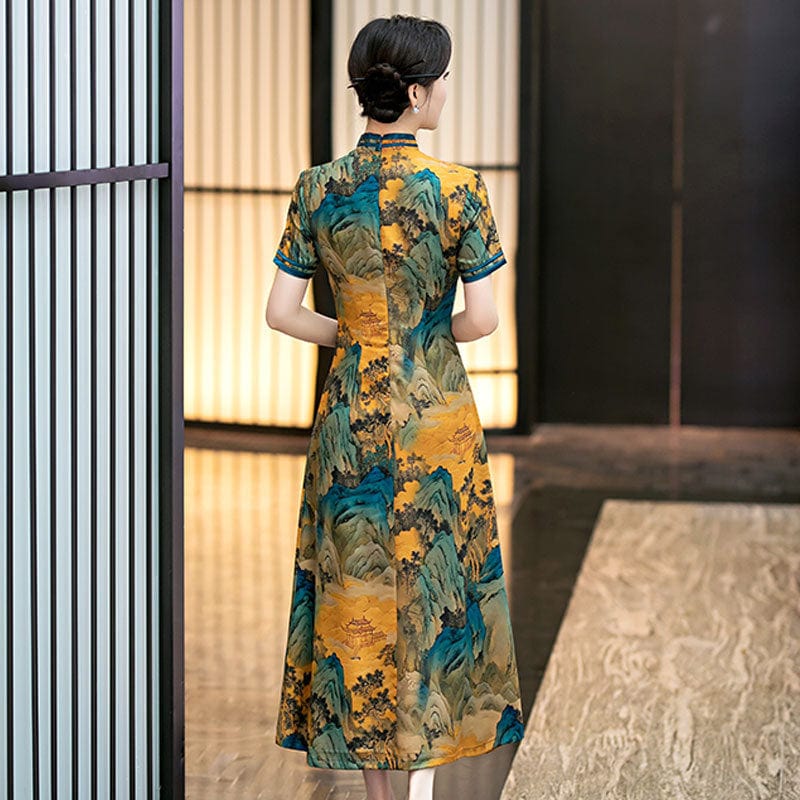 Beth and Brian Qipao-SYG Chinese landscape pattern, yellow midi Cheongsam
