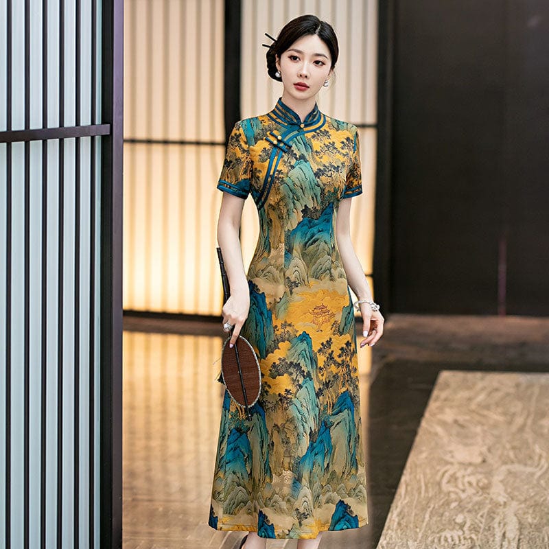 Beth and Brian Qipao-SYG Chinese landscape pattern, yellow midi Cheongsam