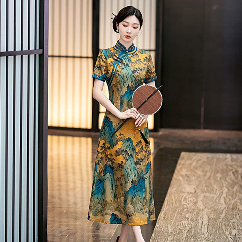 Beth and Brian Qipao-SYG Chinese landscape pattern, yellow midi Cheongsam