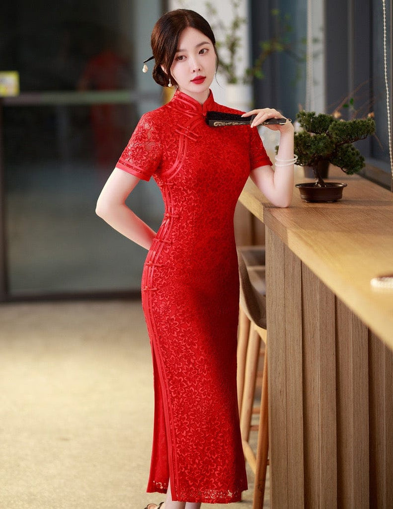 Beth and Brian Qipao-LHST Lace fabric, floral pattern, red long Cheongsam