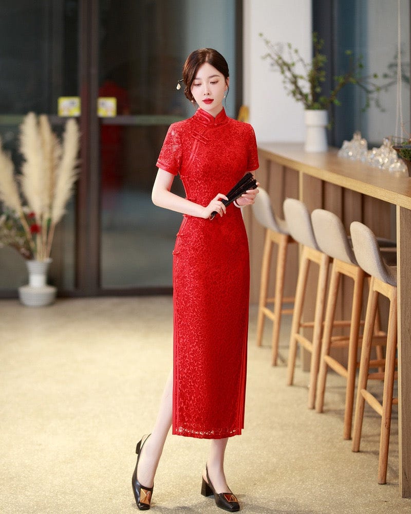 Beth and Brian Qipao-LHST Lace fabric, floral pattern, red long Cheongsam