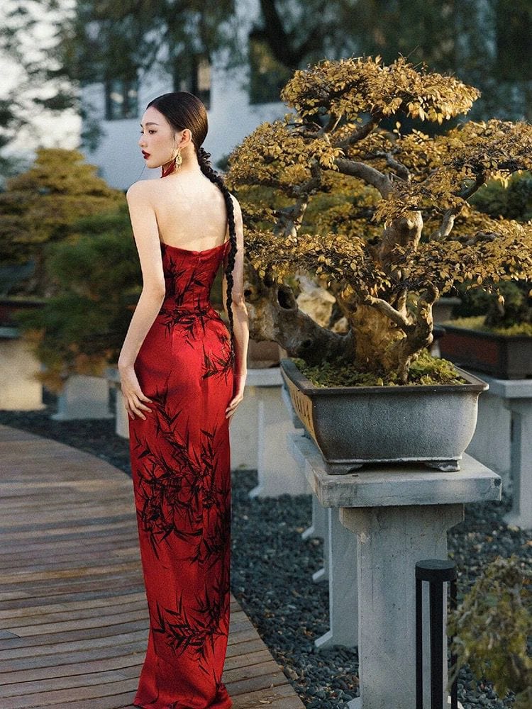 Beth and Brian Qipao-FT Tube top, bamboo leaf pattern, wedding long Cheongsam