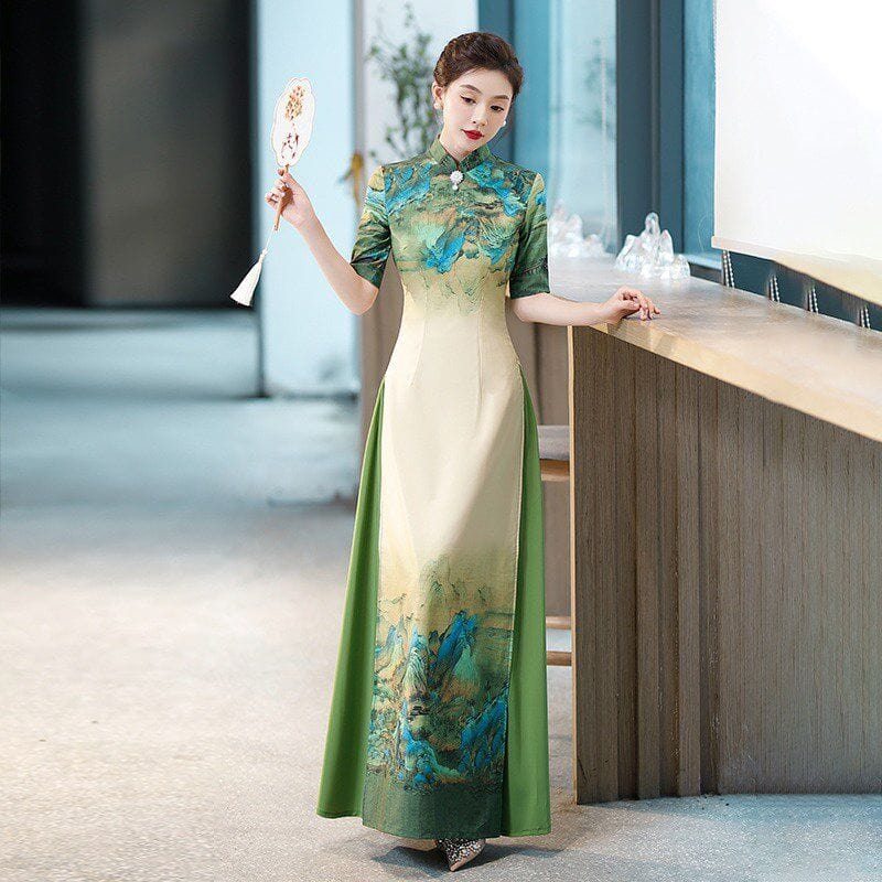 Beth and Brian Qipao-QCYJ Landscape pattern, silk satin, plus size long Ao dai