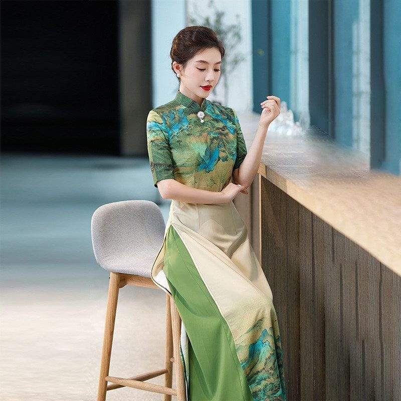 Beth and Brian Qipao-QCYJ Landscape pattern, silk satin, plus size long Ao dai