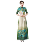Beth and Brian Qipao-QCYJ Landscape pattern, silk satin, plus size long Ao dai