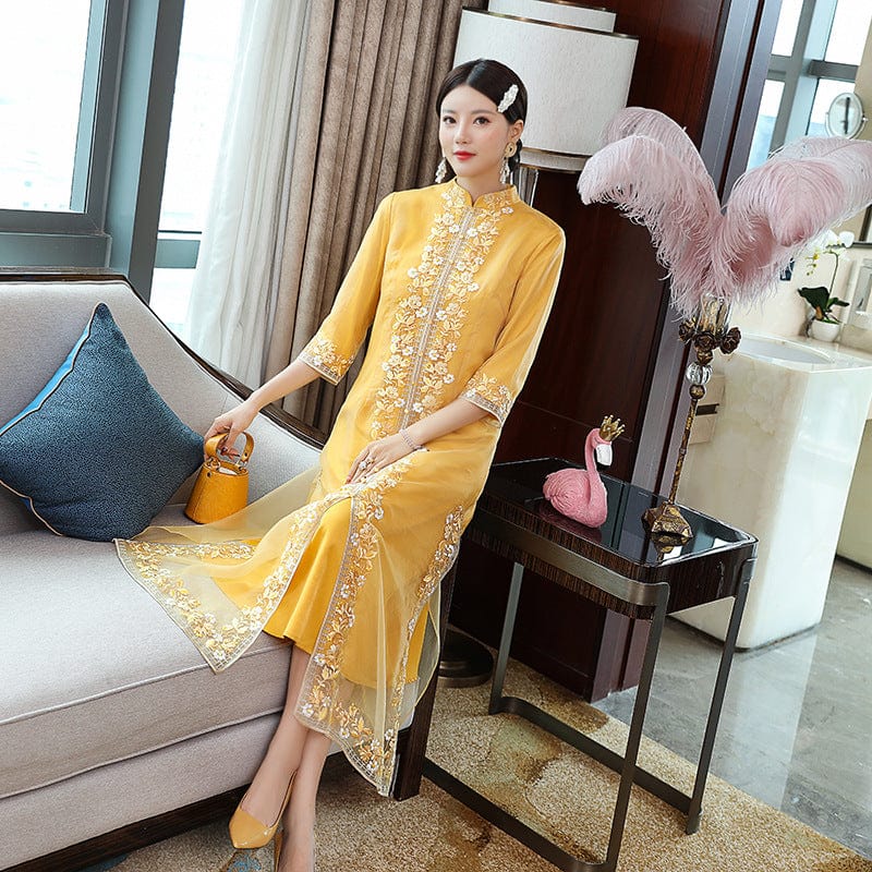 Beth and Brian Qipao-YFN Floral pattern, pink&yellow long Cheongsam