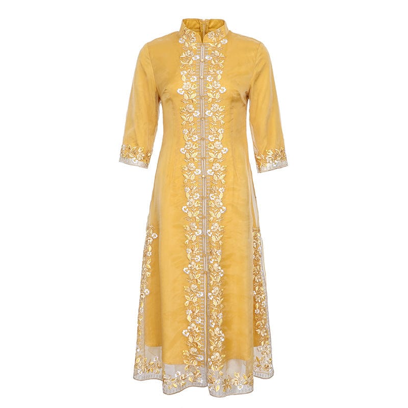 Beth and Brian Qipao-YFN Floral pattern, pink&yellow long Cheongsam