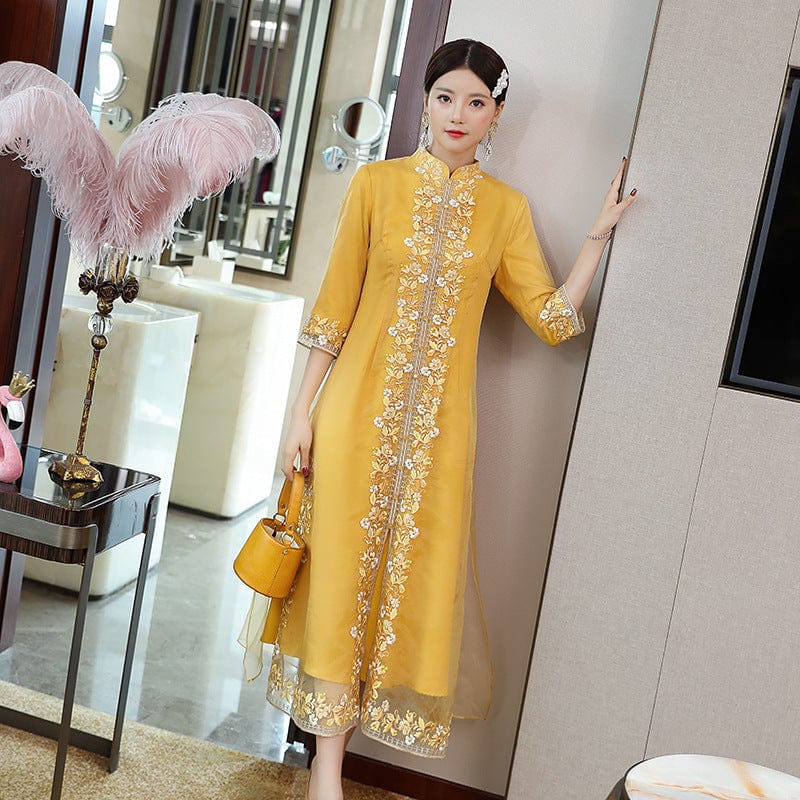 Beth and Brian Qipao-YFN Floral pattern, pink&yellow long Cheongsam
