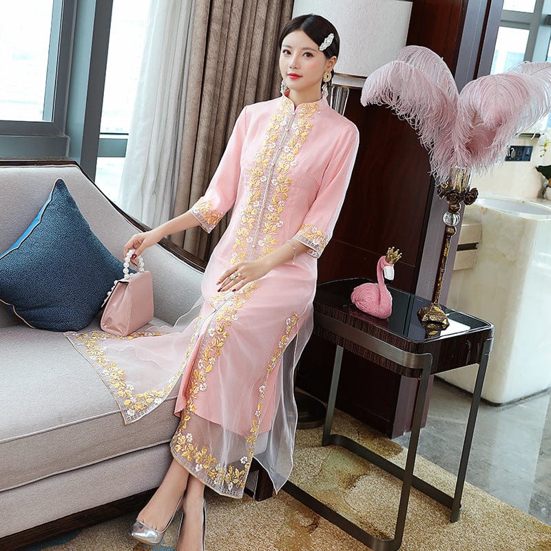 Beth and Brian Qipao-YFN Floral pattern, pink&yellow long Cheongsam